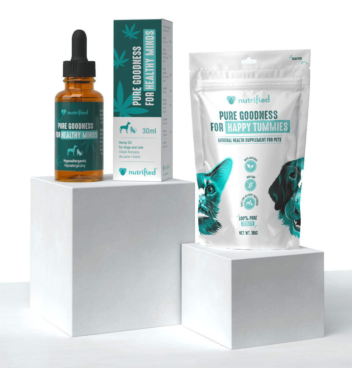 Nutrified Pure Goodness natural pet supplements - Happy Tummies digestive health and Healthy Minds cognitive support for dogs and cats